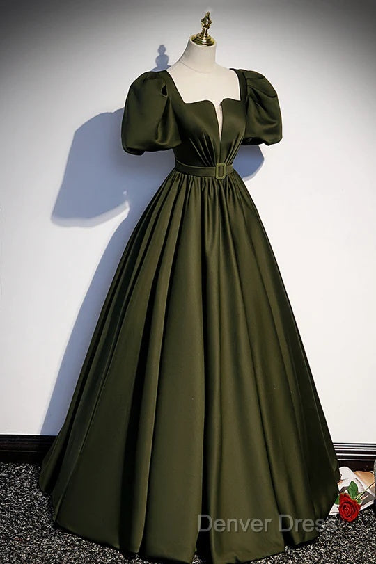 Charming Dark Green Puffy Sleeves Long Evening Gown, Satin Floor Length Prom Dresses Secondary image