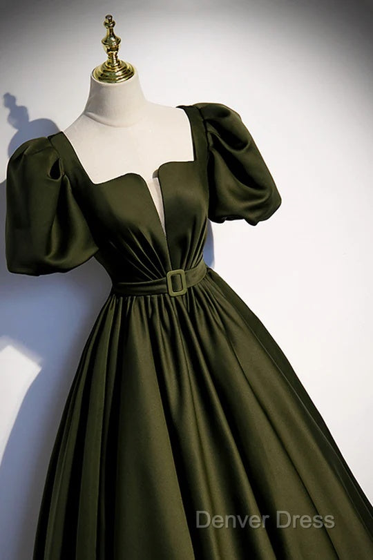 Charming Dark Green Puffy Sleeves Long Evening Gown, Satin Floor Length Prom Dresses