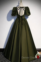 Charming Dark Green Puffy Sleeves Long Evening Gown, Satin Floor Length Prom Dresses
