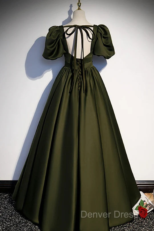 Charming Dark Green Puffy Sleeves Long Evening Gown, Satin Floor Length Prom Dresses