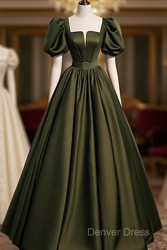 Charming Dark Green Puffy Sleeves Long Evening Gown, Satin Floor Length Prom Dresses Main image