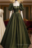 Charming Dark Green Puffy Sleeves Long Evening Gown, Satin Floor Length Prom Dresses