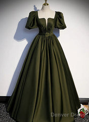 Charming Dark Green Puffy Sleeves Long Evening Gown, Satin Floor Length Prom Dress