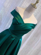 Charming Dark Green Satin Long Junior Prom Dresses, Off Shoulder Evening Gown