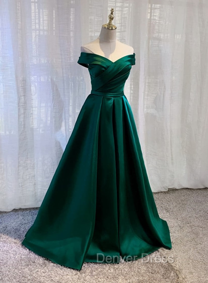 Charming Dark Green Satin Long Junior Prom Dresses, Off Shoulder Evening Gown Main image