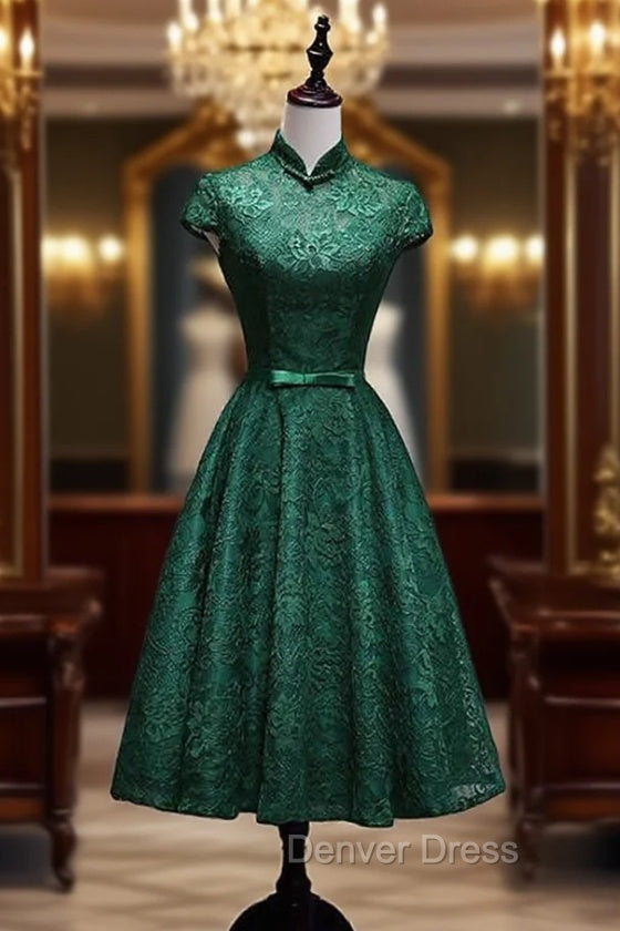 Charming Dark Green Tea Length High Neckline Party Dresses, Wedding Party Dresses Secondary image