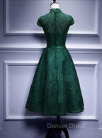 Charming Dark Green Tea Length High Neckline Prom Dress, Wedding Prom Dresses