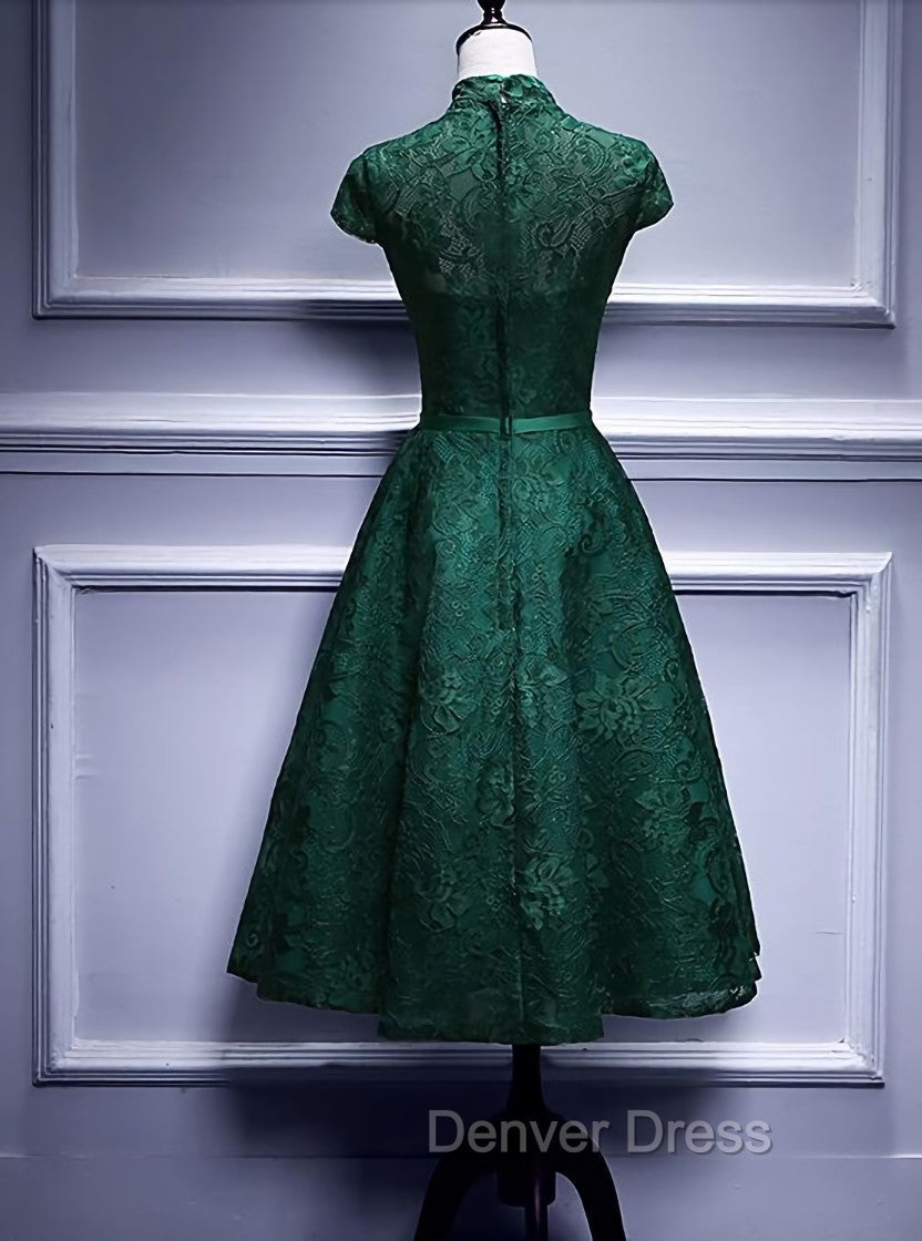 Charming Dark Green Tea Length High Neckline Prom Dress, Wedding Prom Dresses