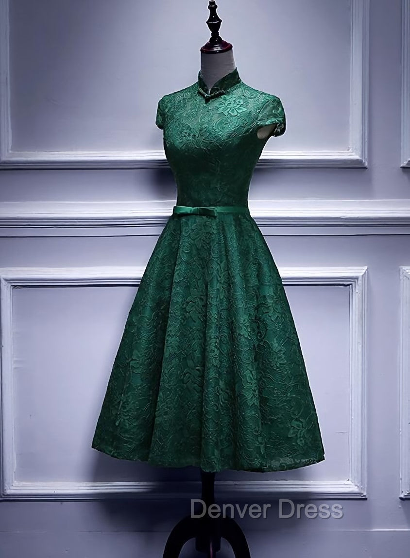Charming Dark Green Tea Length High Neckline Prom Dress, Wedding Prom Dresses