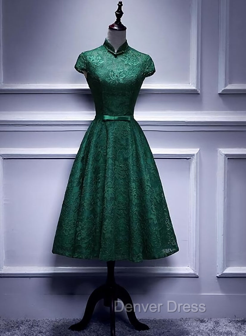 Charming Dark Green Tea Length High Neckline Prom Dress, Wedding Prom Dresses Main image