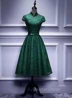 Charming Dark Green Tea Length High Neckline Prom Dress, Wedding Prom Dresses