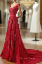 Charming Dark Red Lace A Line Long Prom Dresses, Red Prom Gowns