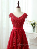 Charming Dark Red Lace A Line Long Prom Dresses, Red Prom Gowns