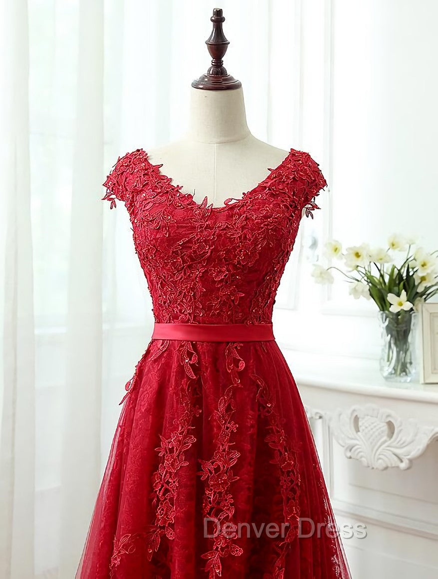 Charming Dark Red Lace A Line Long Prom Dresses, Red Prom Gowns
