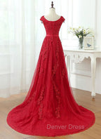 Charming Dark Red Lace A Line Long Prom Dresses, Red Prom Gowns