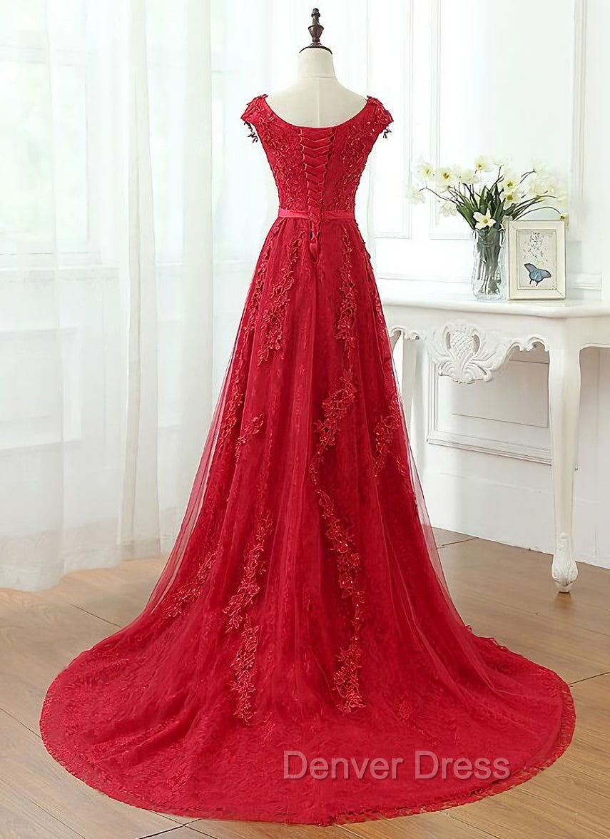 Charming Dark Red Lace A Line Long Prom Dresses, Red Prom Gowns