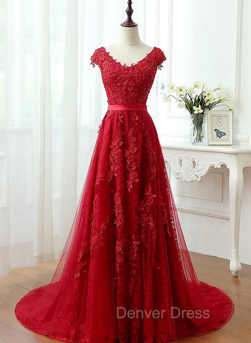 Charming Dark Red Lace A Line Long Prom Dresses, Red Prom Gowns Main image