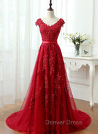 Charming Dark Red Lace A Line Long Prom Dresses, Red Prom Gowns