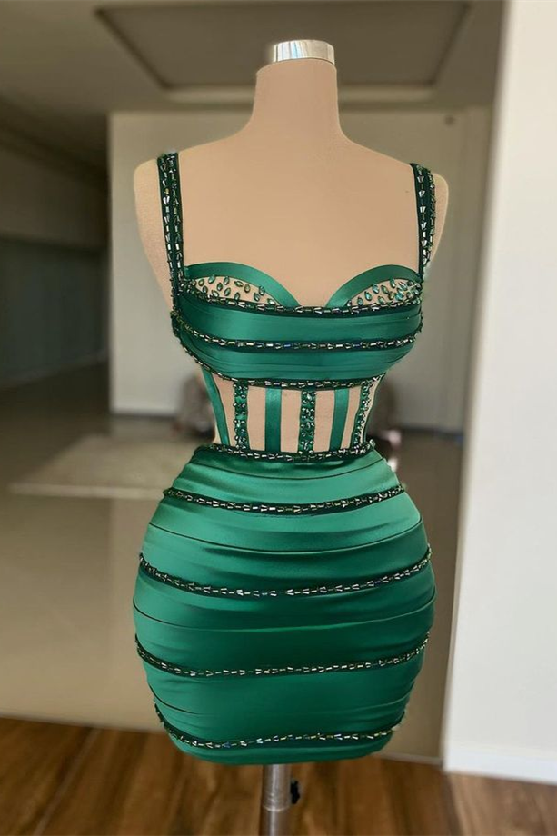 Charming Emerald Green Straps Sweetheart Homecoming Dresses Mini Gem Prom Dress With Beadings Main image