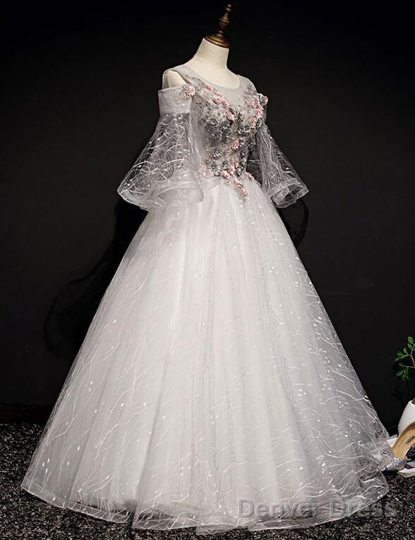 Charming Floral And Lace Ball Gowns Sweet 16 Dress, Light Grey Prom Dresses Secondary image