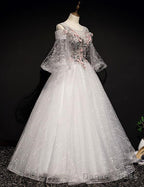 Charming Floral And Lace Ball Gowns Sweet 16 Dress, Light Grey Prom Dresses