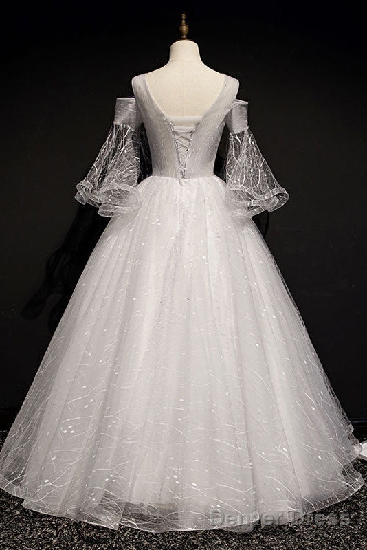 Charming Floral And Lace Ball Gowns Sweet 16 Dress, Light Grey Prom Dresses