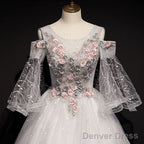 Charming Floral And Lace Ball Gowns Sweet 16 Dress, Light Grey Prom Dresses