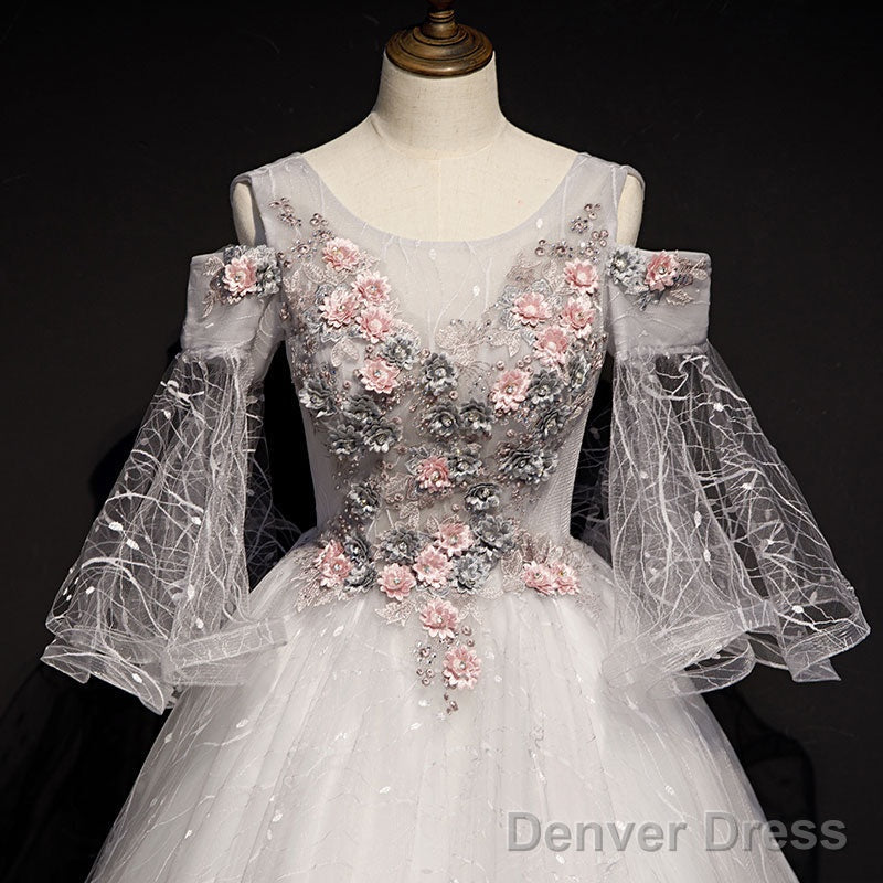 Charming Floral And Lace Ball Gowns Sweet 16 Dress, Light Grey Prom Dresses
