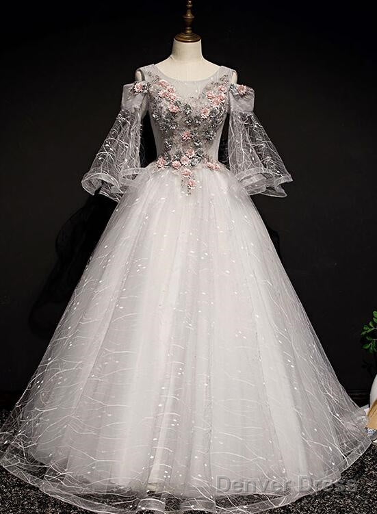 Charming Floral And Lace Ball Gowns Sweet 16 Dress, Light Grey Prom Dresses Main image