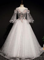Charming Floral And Lace Ball Gowns Sweet 16 Dress, Light Grey Prom Dresses