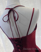 Charming Prom Dress, Straps Burgundy Satin High Quality Prom Dresses