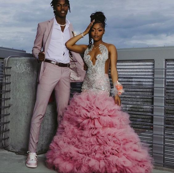 Beautiful Pink Beaded Mermaid Prom Dress Long Prom Dresses Main image