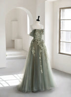 Charming Green Tulle Off Shoulder Prom Dress, Green Long A-Line Prom Dresses