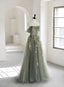 Charming Green Tulle Off Shoulder Prom Dress, Green Long A-Line Prom Dresses