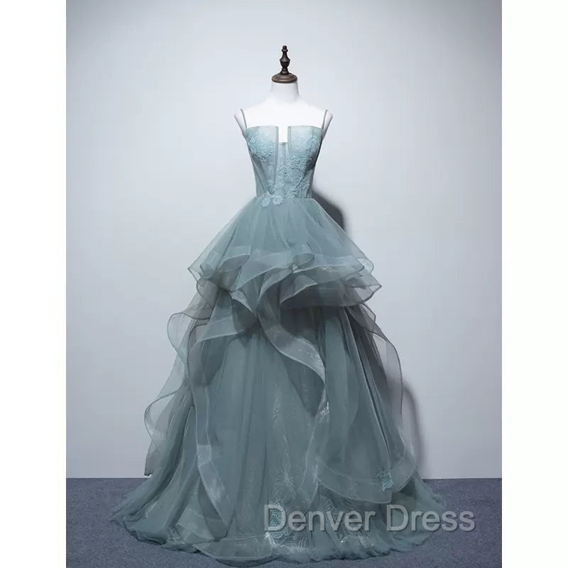Charming Green Tulle Straps Layers Long Prom Dress, Tulle Prom Dress Main image