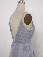 Charming Grey Lace Prom Dresses , High Quality Prom Gowns