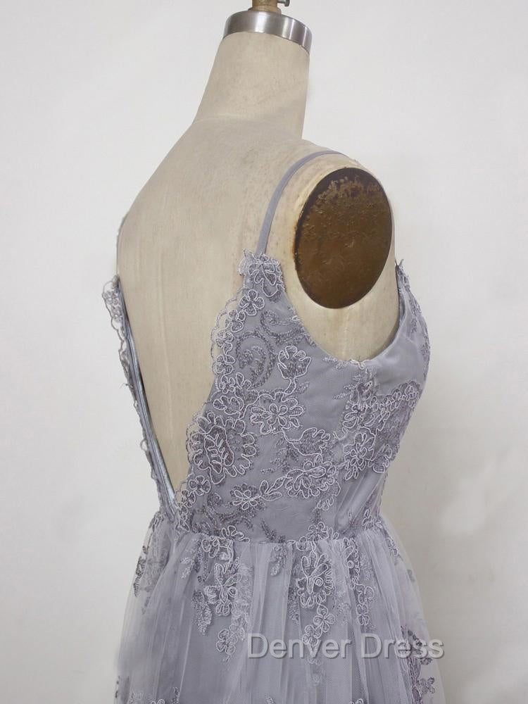 Charming Grey Lace Prom Dresses , High Quality Prom Gowns