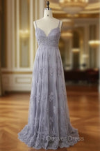Charming Grey Lace Prom Dresses , High Quality Prom Gowns