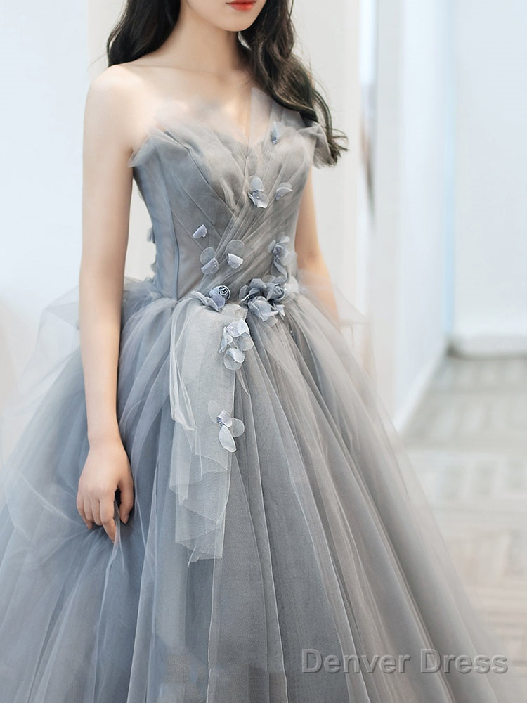 Charming Grey Tulle Long Sweet 16 Gowns With Flowers, Grey Prom Dress