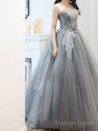 Charming Grey Tulle Long Sweet 16 Gowns With Flowers, Grey Prom Dress