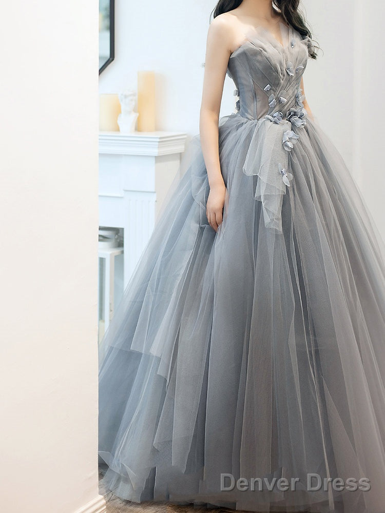 Charming Grey Tulle Long Sweet 16 Gowns With Flowers, Grey Prom Dress