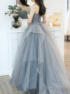 Charming Grey Tulle Long Sweet 16 Gowns With Flowers, Grey Prom Dress