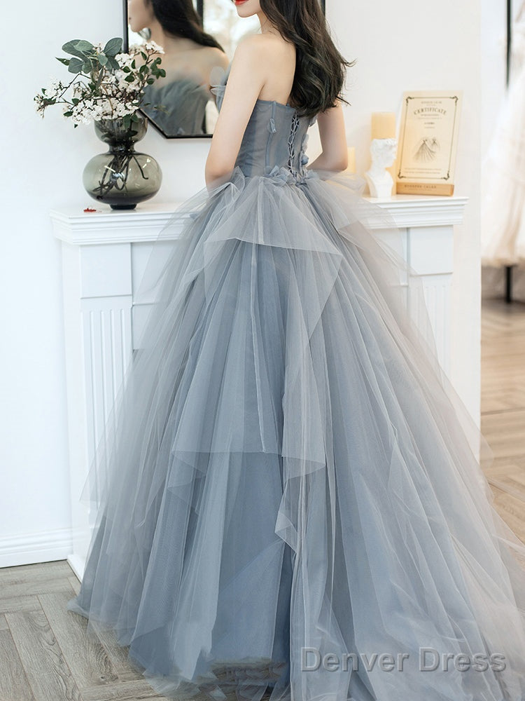 Charming Grey Tulle Long Sweet 16 Gowns With Flowers, Grey Prom Dress
