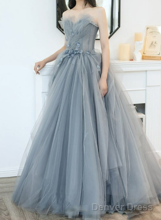 Charming Grey Tulle Long Sweet 16 Gowns With Flowers, Grey Prom Dress Main image