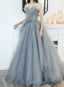 Charming Grey Tulle Long Sweet 16 Gowns With Flowers, Grey Prom Dress