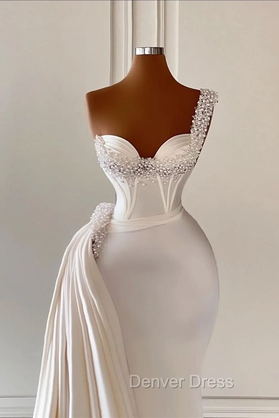 Charming Ivory One Shoulder Sleeveless Sweetheart A-line Bridal Dresses With Beads Secondary image