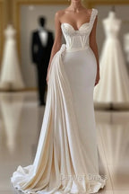 Charming Ivory One Shoulder Sleeveless Sweetheart A-line Bridal Dresses With Beads