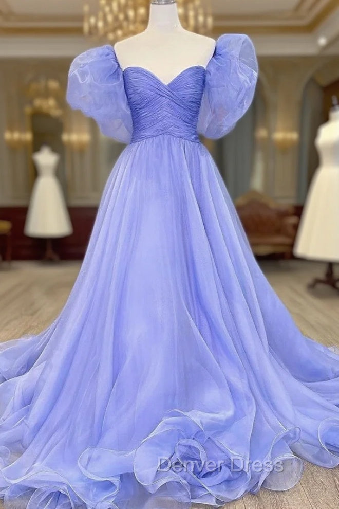 Charming Lavender Puffy Sleeves Long Prom Dress, A Line Prom Dresses Main image