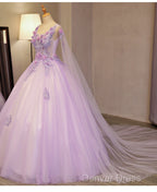 Charming Lavender Tulle Flowers Long Prom Dresses, Sweet 16 Gowns