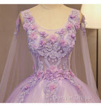 Charming Lavender Tulle Flowers Long Prom Dresses, Sweet 16 Gowns